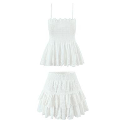 2026 Sweet Embroidered Hollow-Out 2-Piece Set: Retro One-Shoulder Slim Camisole + High-Waisted Mini Skort