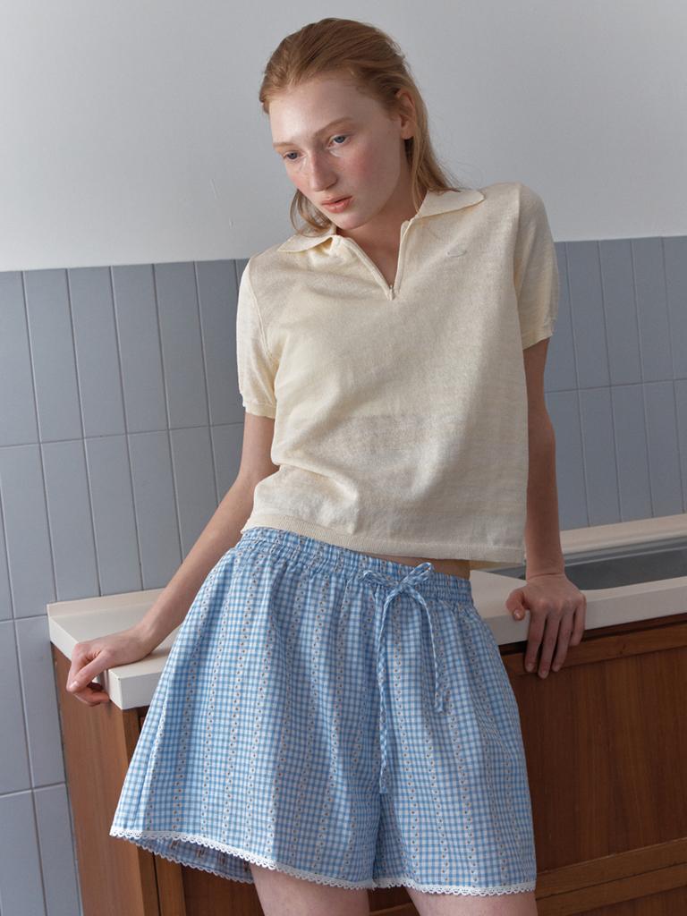 Elssibeui Cherry Check Banding Shorts_Skyblue