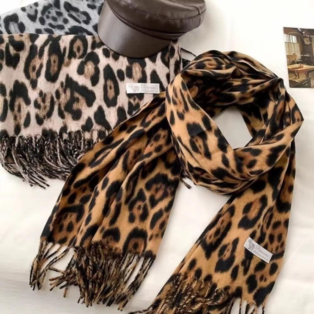 Fashion Fleece Leopard Print Scarf Tassel Thick Cashmere Feel Scarf Washable Windproof Winter Shawl Wrap Ski Resort