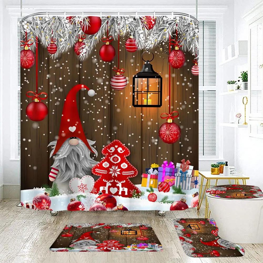 Christmas Elf Shower Curtain Rug Bathroom Set Snowman Fawn Xmas Gift Happy New Year Shower Curtain Set Bathroom Decoration