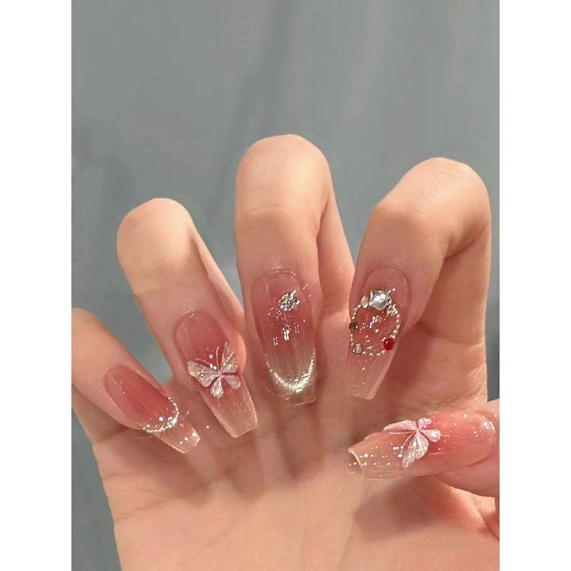 

41 Hand-Worn Nail Blush Peach Blooming Nude Color Show White Diamond Classy Pregnant Women Bride Finished Product Nail Stickers xs ice crystal butterfly long T In Stock