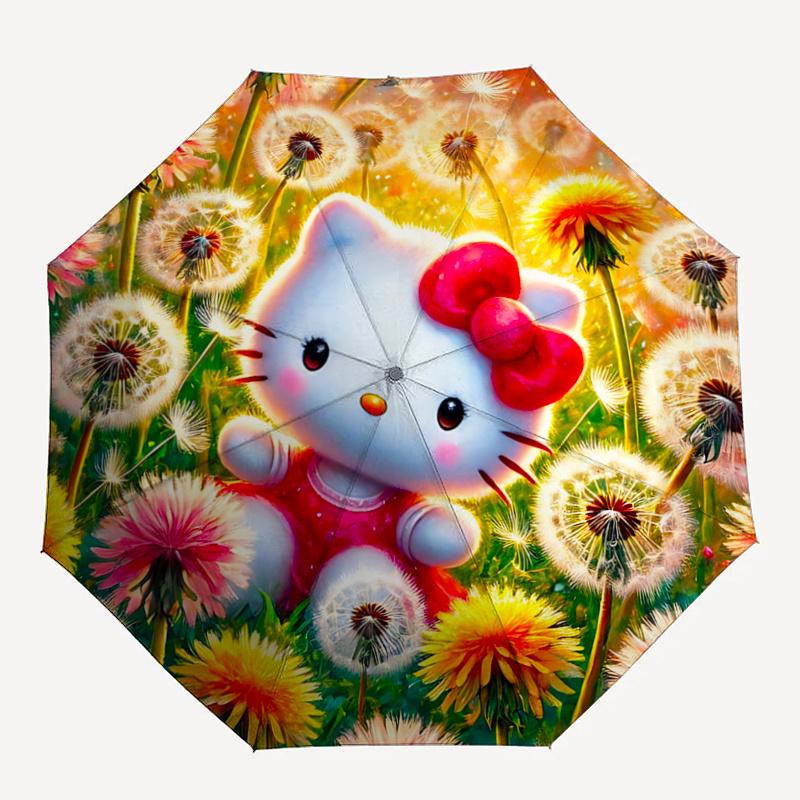 1pc Hello Kitty Dandelion Automatic Opening/Closing Umbrella - Portable Three-Fold Design with 8-Bone Iron Frame, Outdoor, Gift for Fans, Travelers, D