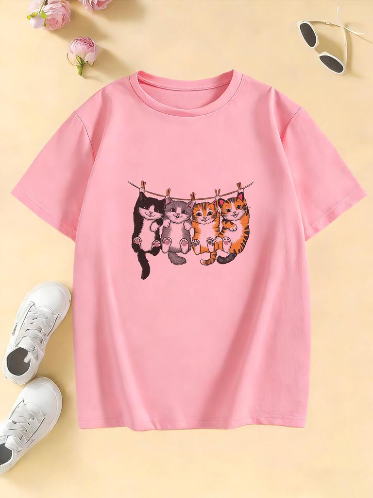 Funny Climb Cat Graphic Kids Tshirts Summer Short Sleeve Tees Cartoon Boys Girls Clothes Kawaii Kitten Tops Y2K Children T-shirt