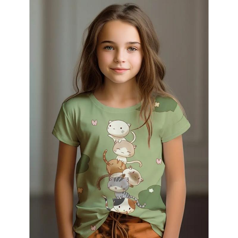 Buntes Katzenmädchen T-Shirt Niedliche Muster Sommer Kurzarm 3D Druck Mädchen Oberteil Mode Lässig Streetwear Kinderkleidung