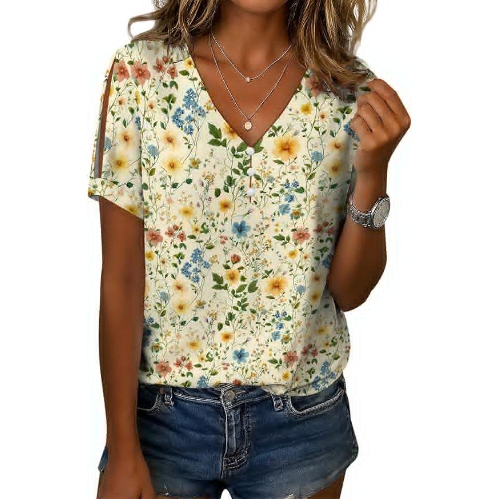 Lässige V-Ausschnitt Kurzarm Blümchenmuster Festliche Sommer-T-Shirts