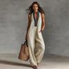 Summer Jumpsuits for Women Stand-collar Sleeveless Loose Overalls with Pockets V-neck Casual Wide Leg Rompers