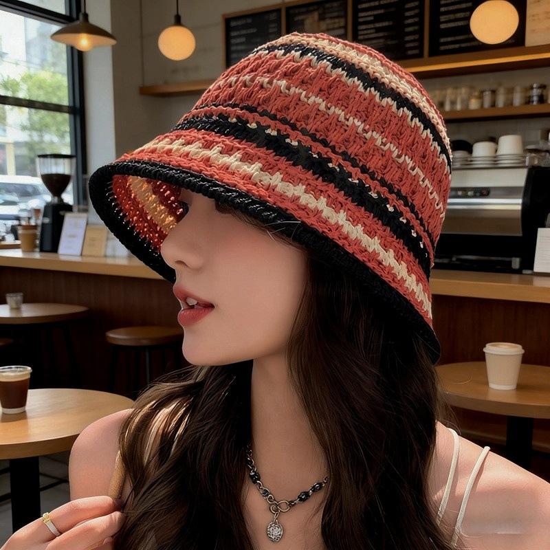 Color knitted hollow breathable bucket hat women's summer outdoor face small sunshade bucket hat women's basin hat