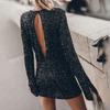 Women Dress Shiny Sequin Hollow Out Back Long Sleeve Loose Soft Round Neck Split Cuff Sheath Individual Streetwear Club Party Dance Mini Dress