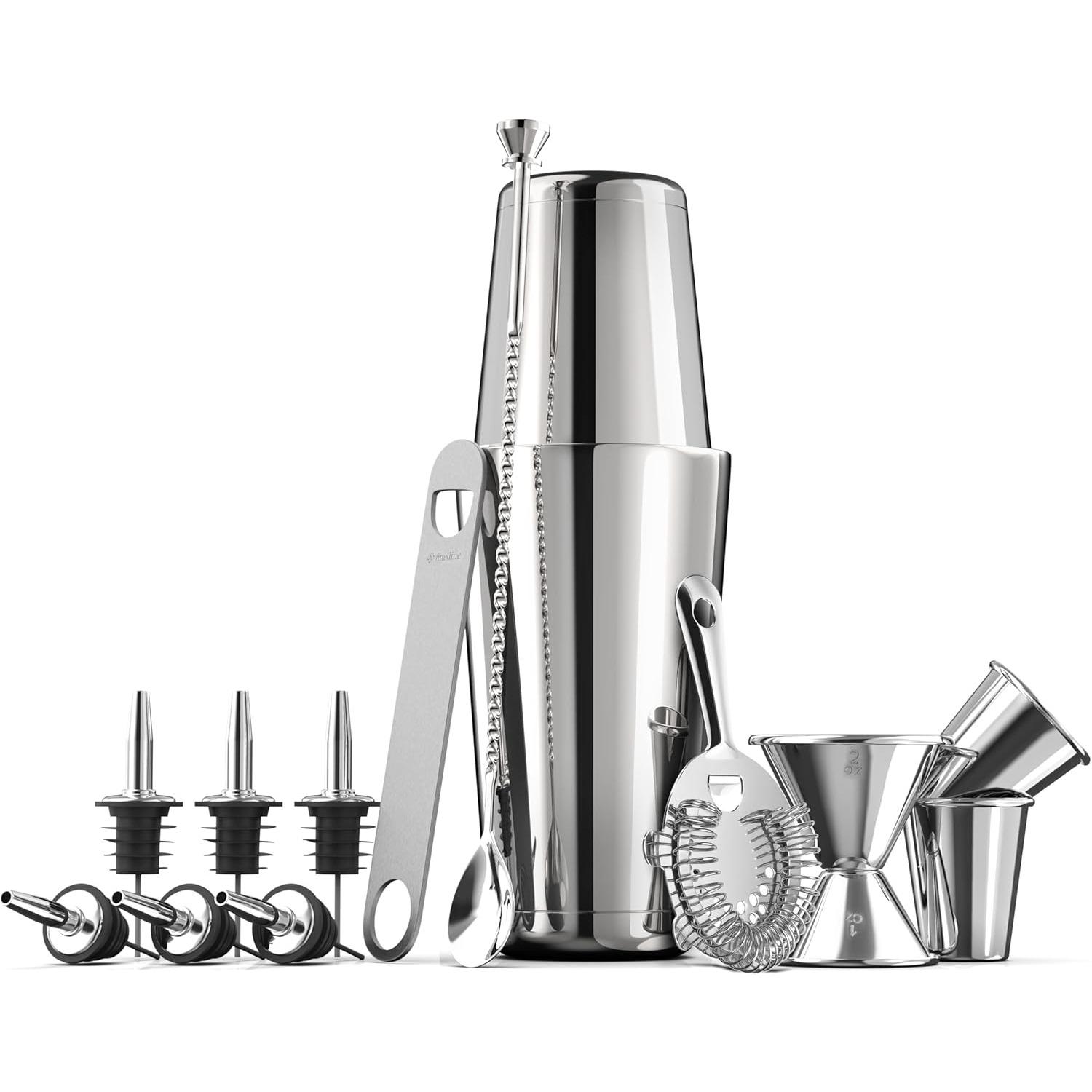 Cocktail Shaker Set - 13-Piece Cocktail Making Set w/ 26 oz Stainless Steel Shaker & Strainer - Bartender Kit - Cocktail Gift Set серебряный