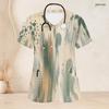 Women Plus Size Printed Nurse Scrub Top V Neck Short Sleeve Green Beige With Front Pockets