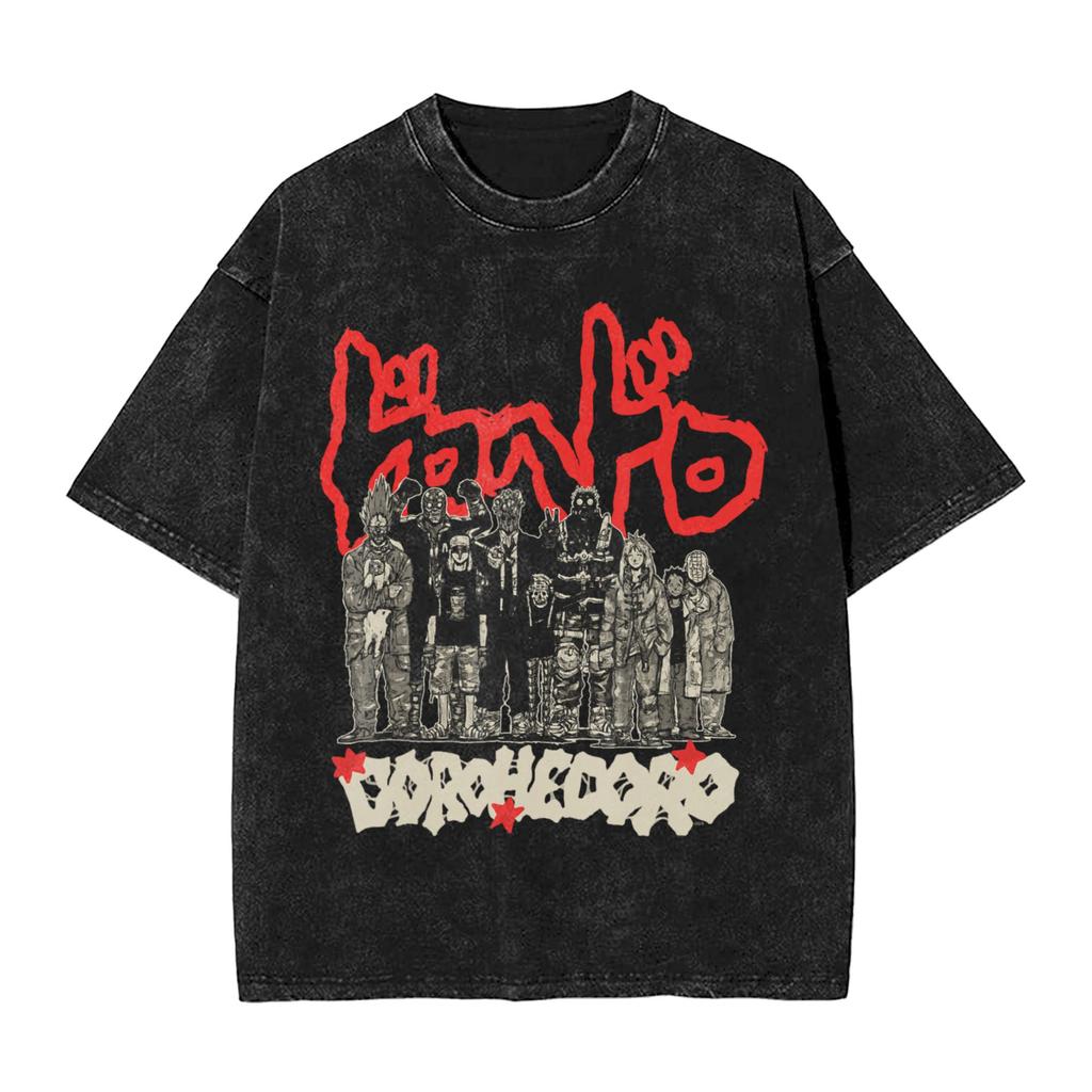 Mens Tshirt Dorohedoro Heiwa Sharks Washed Tshirts Hip Hop Summer Tees Y2k Retro Design Cotton Clothing Hot Sale
