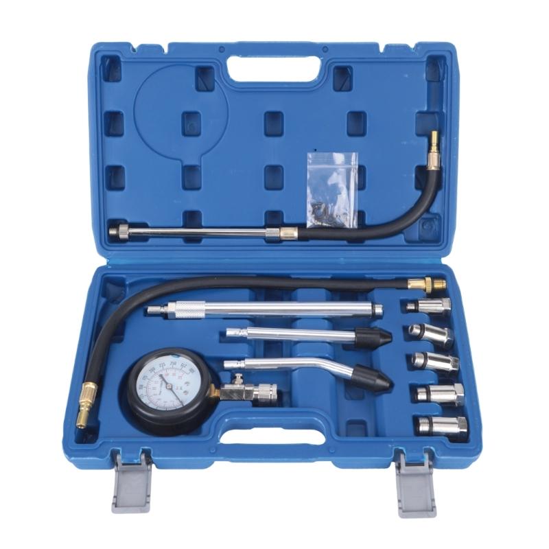 Engine Compression Meter Kit with Flexible Hoses, Extension Pieces and Threaded Fittings for Automotive and Motorcycle Inspection Work