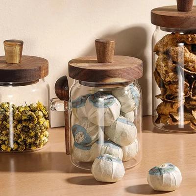 Glasbehälter mit Holzdeckel und Löffel Lebensmittelaufbewahrungsbehälter Gewürzgläser Tee Kaffee Zucker Aufbewahrungsgläser Vorratsdose Küchenorganisator