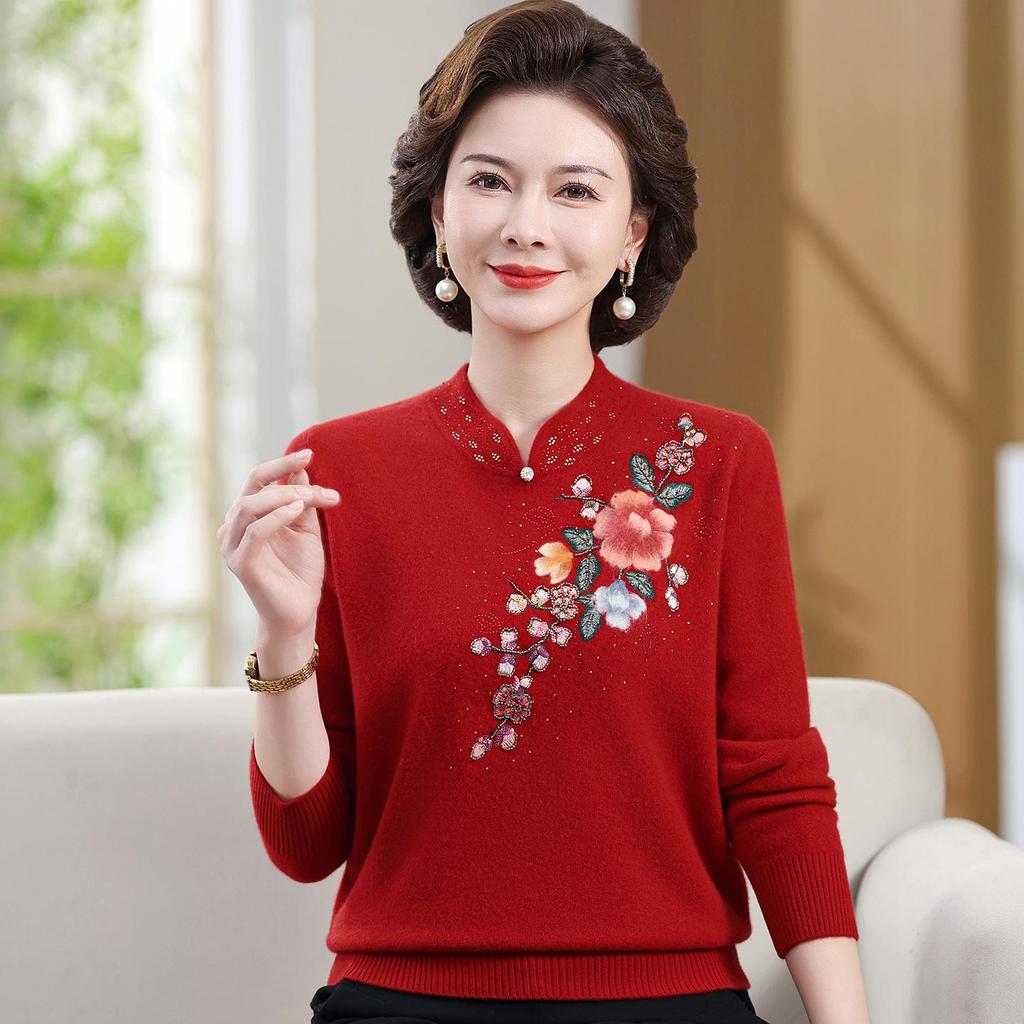 Elegant Embroidered Wool Qipao Collar Sweater for Autumn/Winter