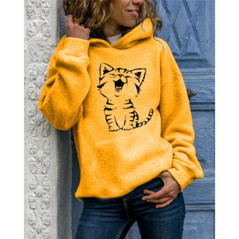 2025 New Solid Color Pullover Sweatshirt Animal Print Round Neck Hooded with Kangaroo Pocket Versatile Casual Women's Tops Coat