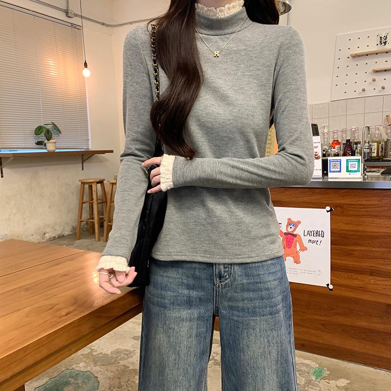 

Lace Trim Long-Sleeve Slim Fit T-Shirt for Curvy Women - Stretchy, Tummy-Slimming Base Layer for Autumn/Winter XXL