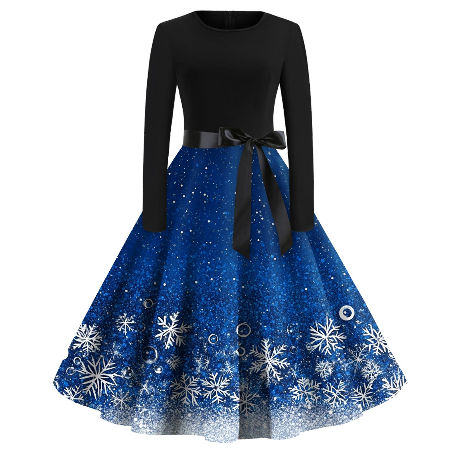 

Жіноча мода Кругле повсякденне приталене плаття з різдвяним принтом, великим подолом та довгим рукавом M