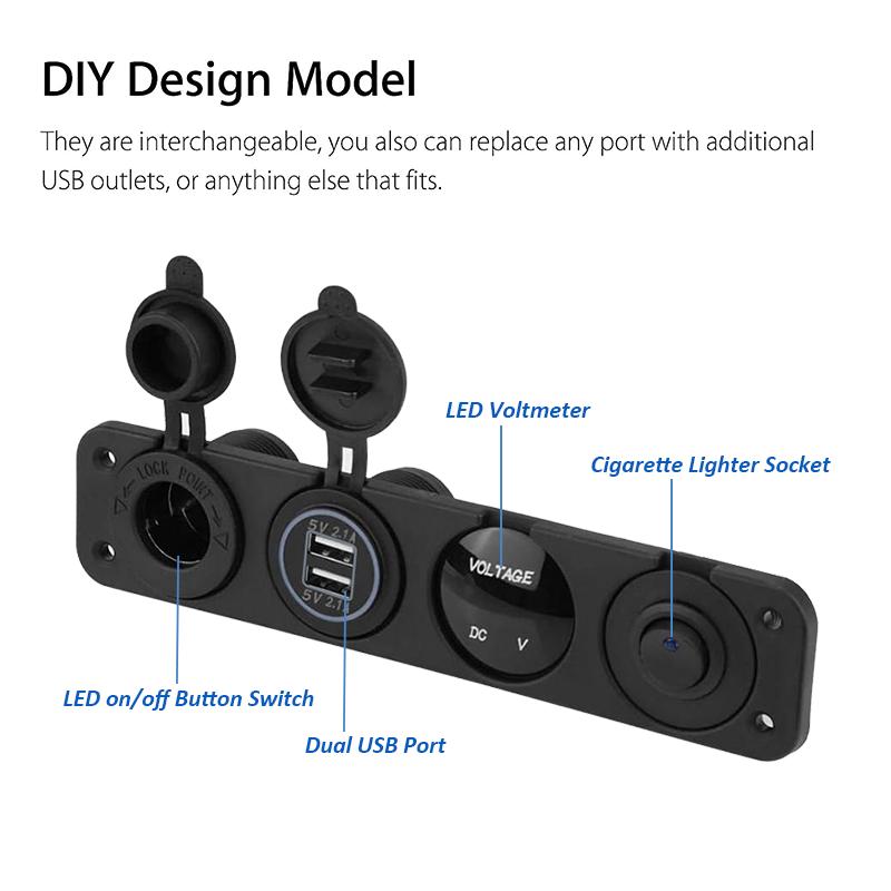 4 az 1-ben tengeri kapcsolópanel 12 V-os kettős USB töltőaljzat tápcsatlakozóval LED voltmérő aljzat BE/KI gomb kapcsoló