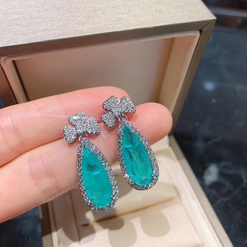 New Simulation Paraiba Necklace Ear Hanging Emerald Pear Shaped Banquet Jewelry Set 8X20