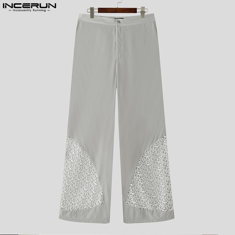 INCERUN Men Zip-up Waist Hollow Mesh Hem Patchwork Long Pants Trousers