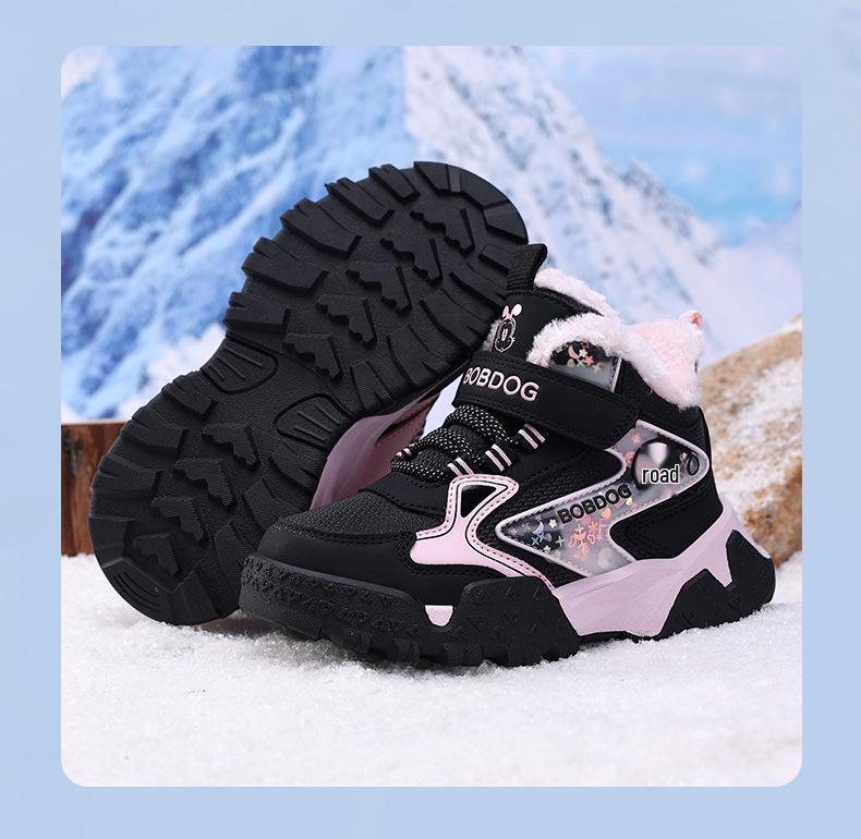Girls' High-Top Waterproof Winter Snow Boots with Velvet Lining and Leather Surface