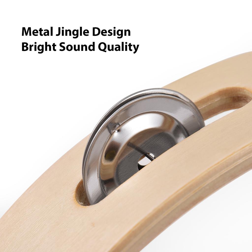 8 Inch Tambourine for Adults Pleasant Jingle Sound Hand Cranked Bell Rings Wooden Natural Color Metal Bell Sound