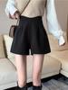 Women's Black Woolen High-Waist Wide-Leg Shorts - Petite Slim Fit Casual Suit for Spring