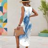 Women Plus Size U Neck Sleeveless Abstract Printed Blue White Tank Dress High Side Slit Curved Hem