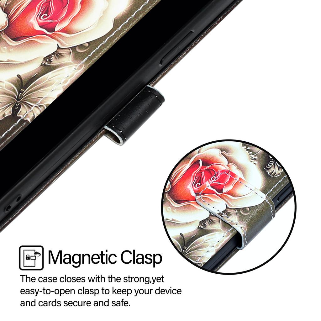 For iPhone 16e Leather Case with Strap and Card Holder Pattern Printing Phone Stand Cover