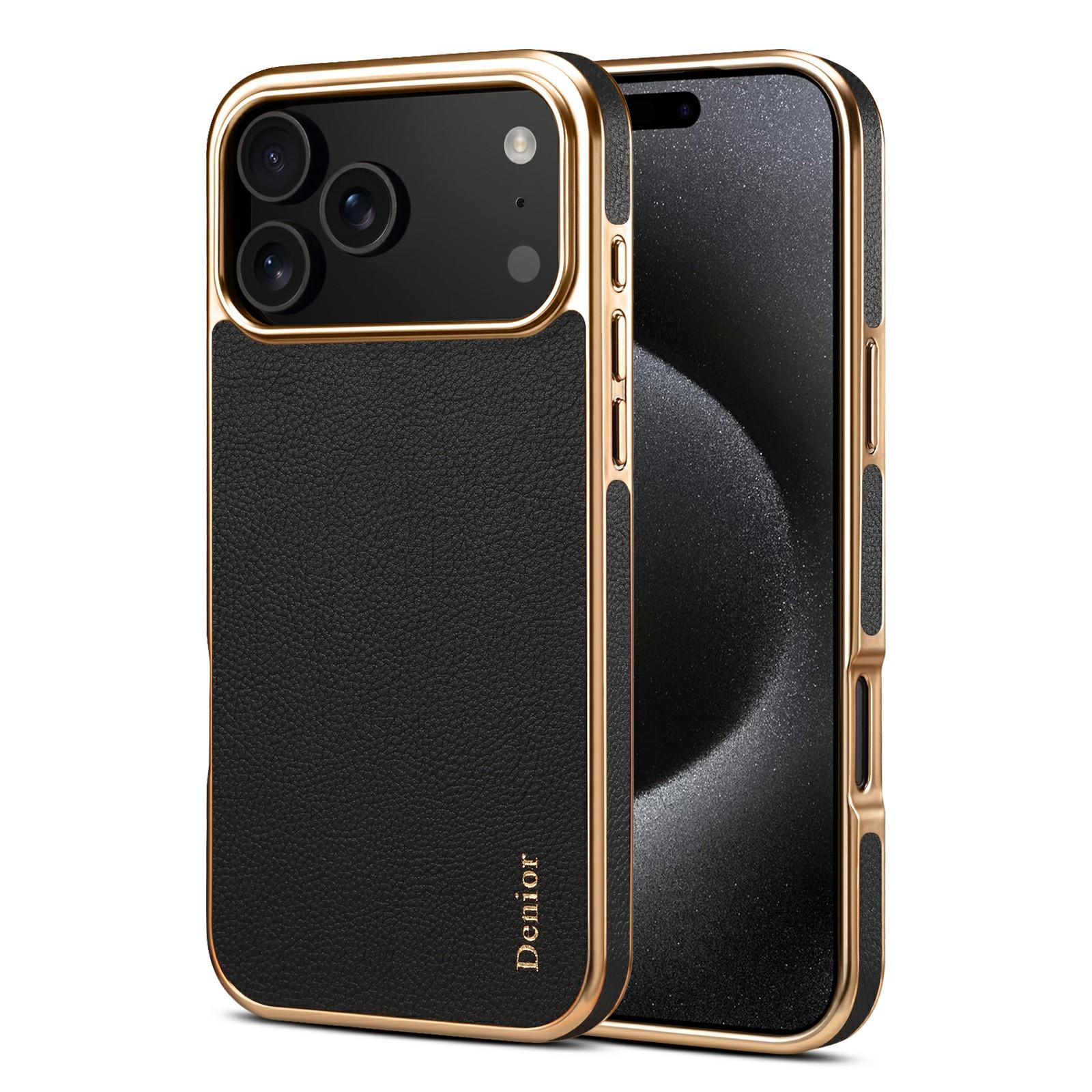 

DENIOR For iPhone 17 Pro Max Case Genuine Cow Leather Coated PC+TPU Electroplating Phone Cover Black