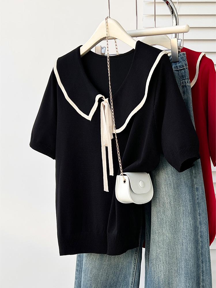 

Plus Size Ice Silk Knit Doll Collar Top - Versatile Summer T-Shirt for Women 3XL (165-200 Jin)