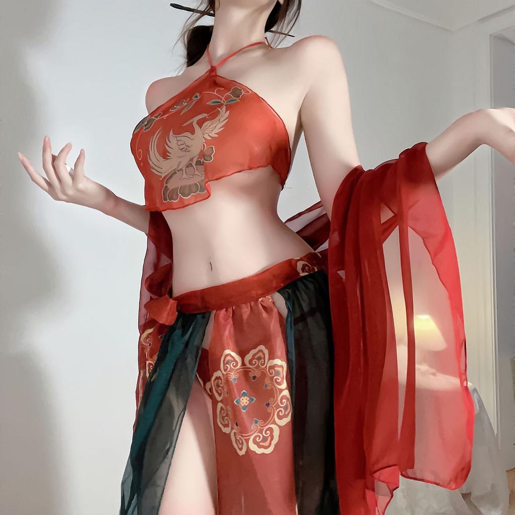 New antique Dunhuang Feitian Exotic Hanfu Uniform Suit Sex Underwear Sexy Printed Perspective Belly Pocket