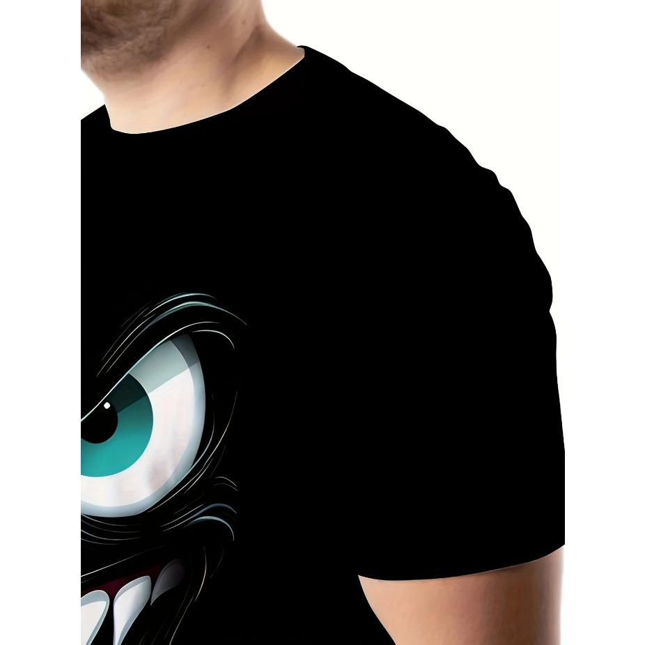 Men's Plus Size Summer T-Shirt with Monster Graphic, Fashionable Eye-Catching Tee, Round Neck, Polyester - Machine Washable, PLUS SIZE