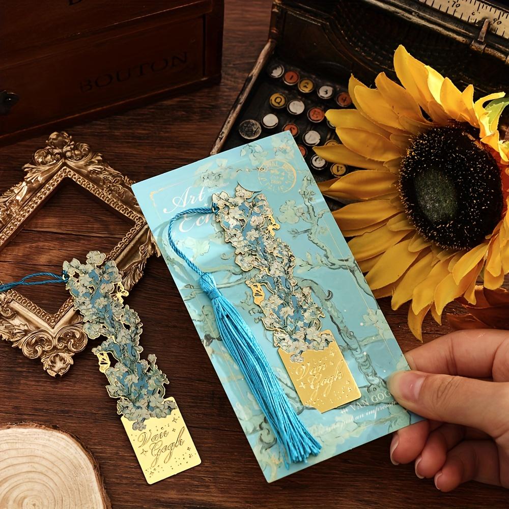 1pc Van Gogh Inspired Golden Hollow Metal Bookmark Artistic Oil Painting Design with Tassel, 8 Unique Window Shapes for Book Lovers