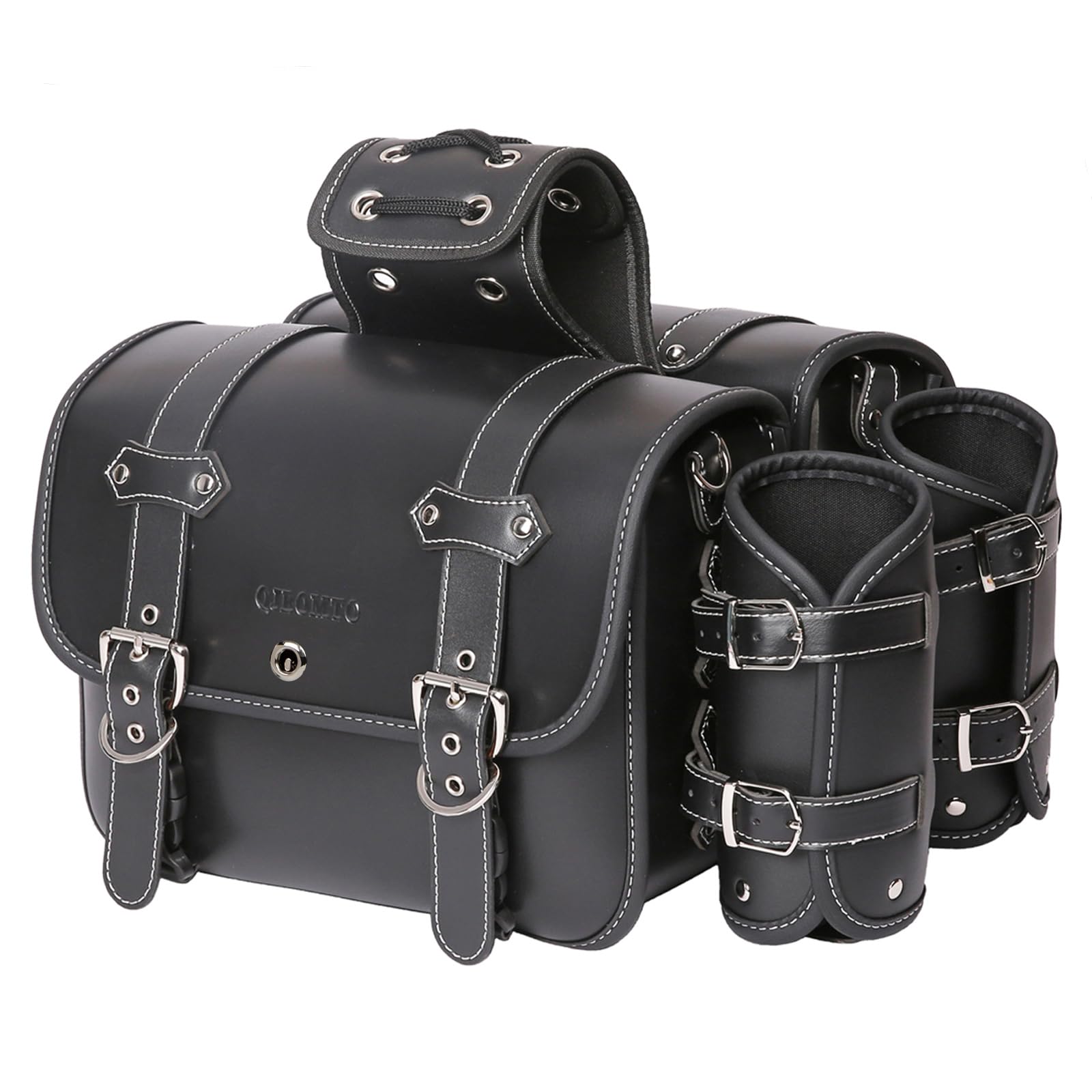 

QJBOMTO Leather Motorcycle Saddlebags Saddle Bags Panniers with Cup Holders for Harley Waterproof Side Tool Storage Tool Bags for Universal