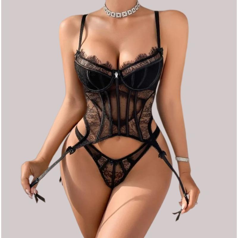 Lingerie Hot e Sexy da Donna Seducente Pizzo a Pois Ciglia Corsetto Set 2 Pezzi Intimo Fiocco Stecche Body Intimo Costumi Erotici
