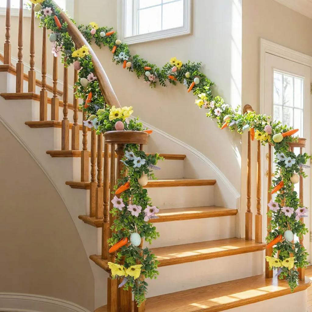 Artificial Easter Vine Garland with Colorful Eggs and Carrots Spring Home Decor for Mantel Door and Table Centerpiece