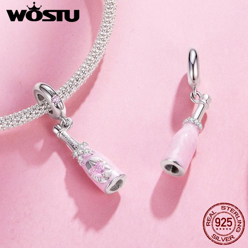 WOSTU 925 Silver Pink High Heel Charm Champagne Pendant Cherry Bead Fit Bracelet Necklace Sweet Girl Birthday DIY Jewelry Gift