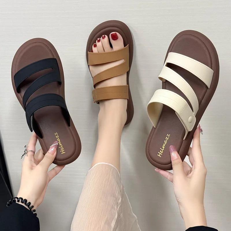 

2025 Summer New Women s Thick Sole Stylish Flat Slide Sandals Outdoor Casual Non-Slip Waterproof Beach Shoes 36 коричневый