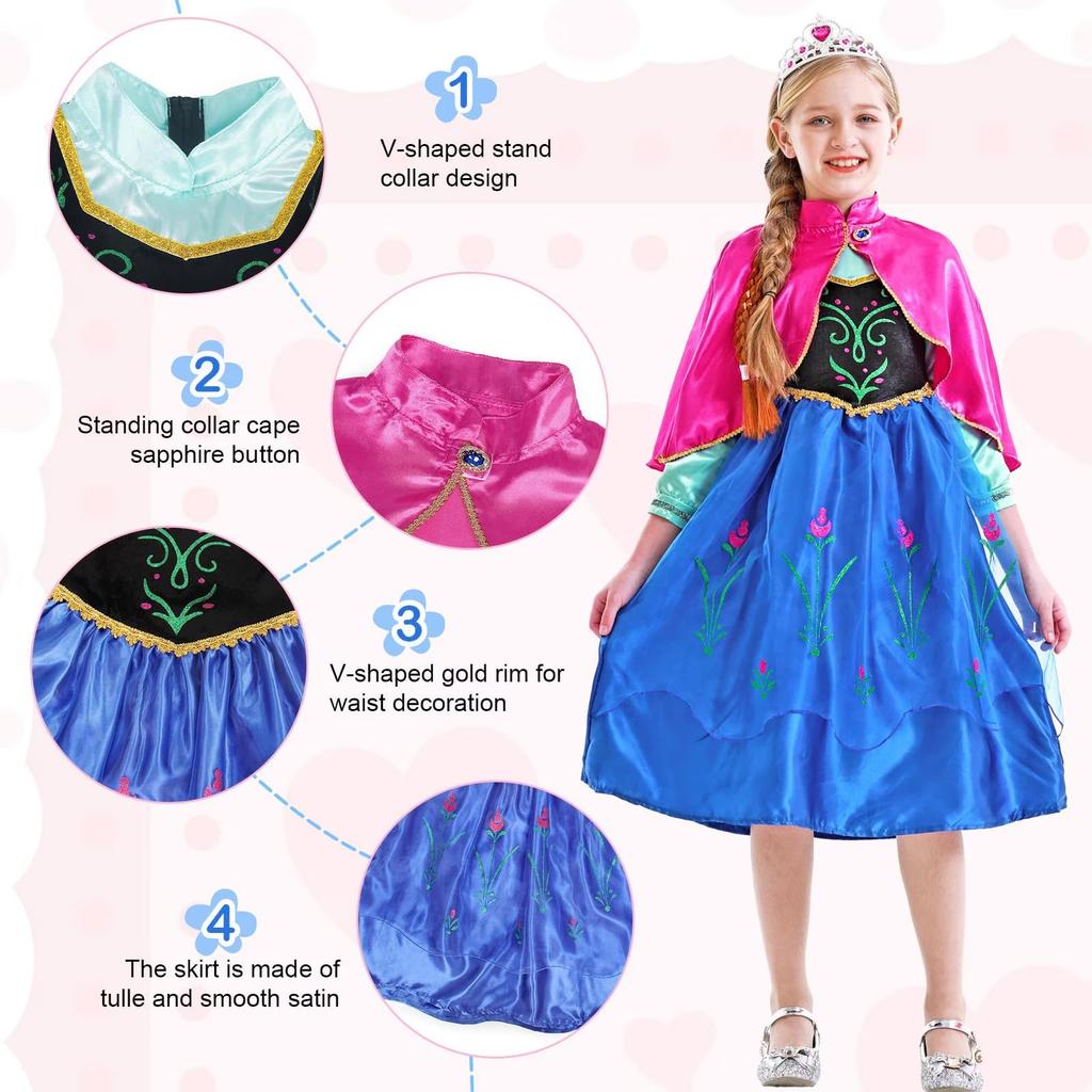 Frozen Princess Anna Costume Set with Dress & Accessories, Kids Halloween Christmas Carnival Party Outfit, Blue, 5-6 Years 120 CM