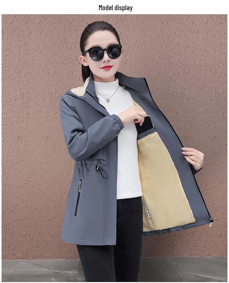 Women's Mid-length Hooded Windproof Fleece-Lined Jacket - Autumn/Winter 2025 Style