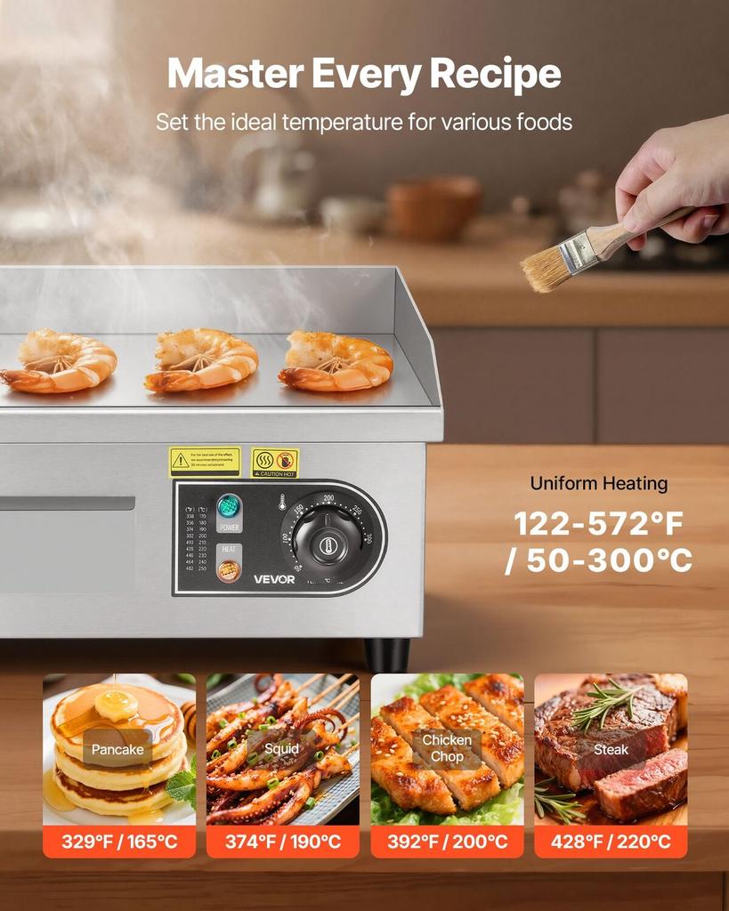 Commercial Electric Griddle, 355 x 300 mm, 2000W, 50-300°C Adjustable Temp Control, Stainless Steel Countertop Full Flat Top Grill with 2 Spatulas and