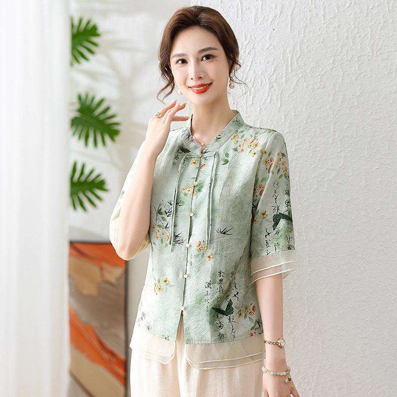 T-shirt Western Style Short-sleeved Shirt Middle-aged and Elderly Women Summer Chinese Style National Style Top