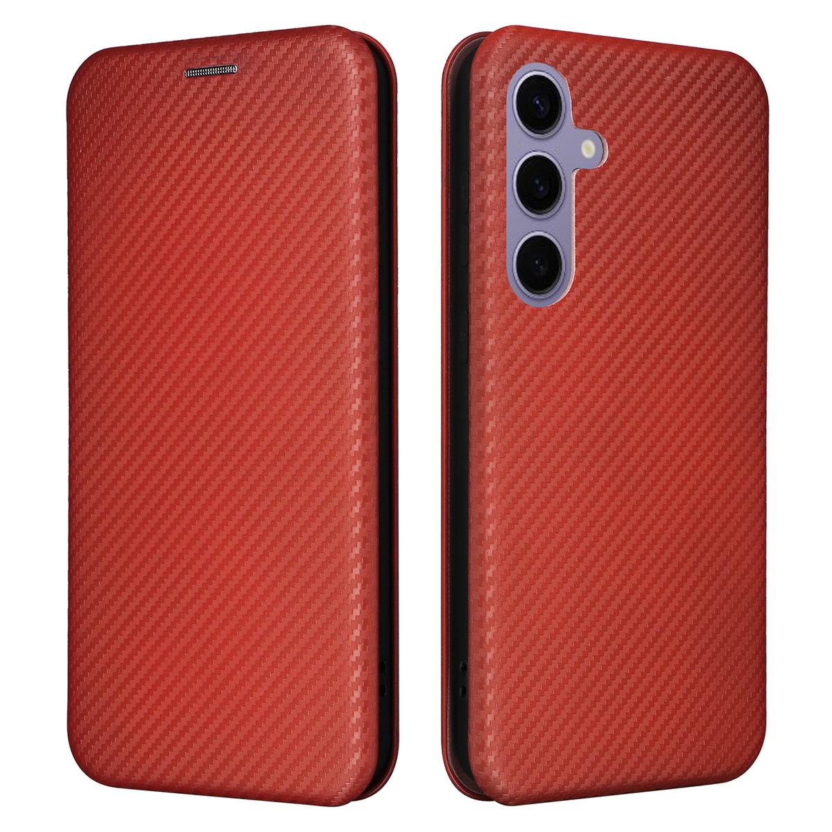 

For Samsung Galaxy S25 FE Case Carbon Fiber Texture Drop-Proof PU Leather Phone Cover Brown