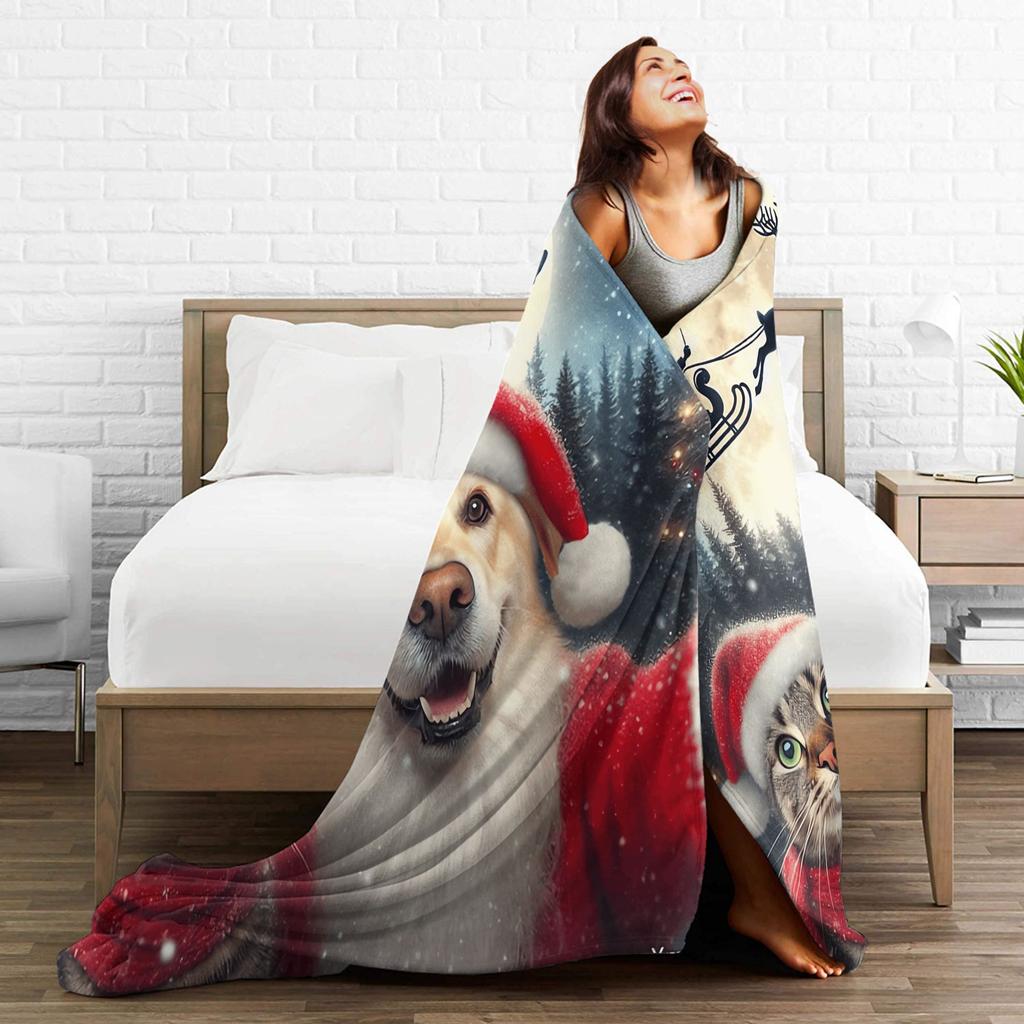 Cat Selfie with Santa Warm Blankets Boy Girl Plush Bedding Throws Comfortable Home Decor Flannel Bedspread Sofa Bed Cover