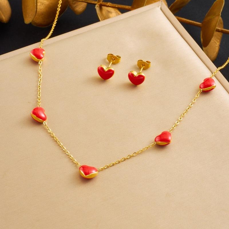 Gold Plated Stainless Steel Red Enamel Heart Jewelry Set (Necklace + Earrings) for Women красный