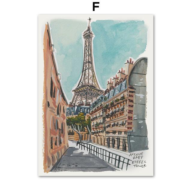 Ilustrație desenată manual Paris Tower Cafe, artă de perete, pictură pe pânză, postere și imprimeuri nordice, imagini de perete pentru decorarea camerei de zi
