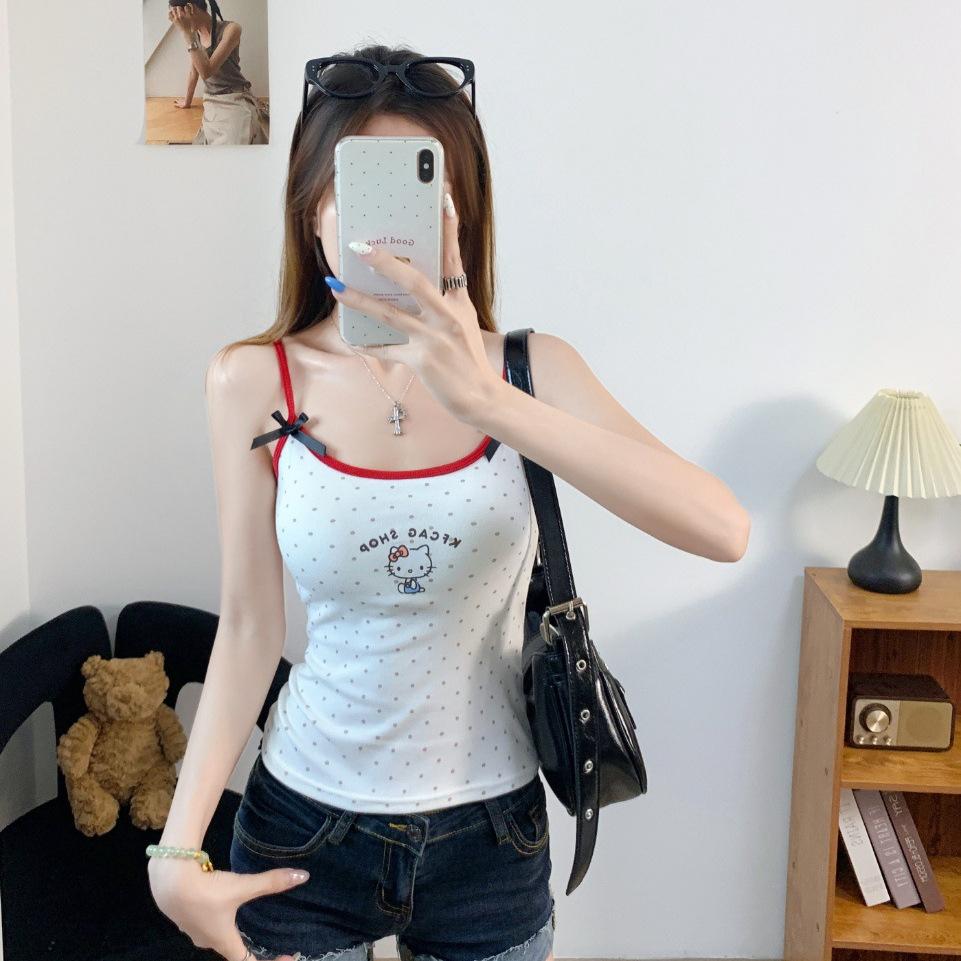 #Summer New Spice Girl Wind Polka Dot Printing Splicing Contrasting Color Sling Vest Female Slim Fixing Belt Chest Pad
