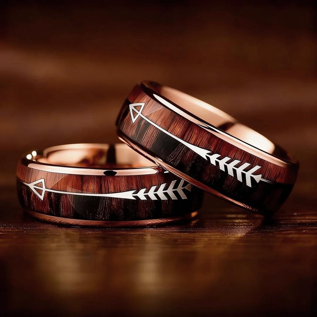 8mm Men Stainless Steel Rings, Rose Gold Color Brushed Koa Wood And Arrow Rings for Men, Wedding Jewelry Christams Gift