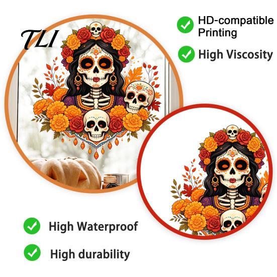 Customizable Cut to Size Stickers Day of The Dead Window Clings, Dia De Los Muertos Sticker, Colorful Halloween Decorative Glass Film Sugar Skull with